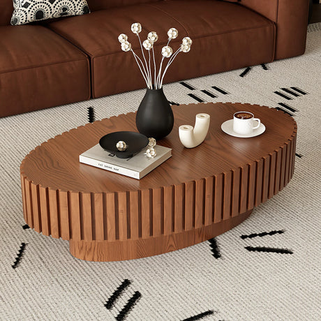 Coffee Table Oval Wood Slatted Rivet Detail Modern Brown - Furniture Home Direct