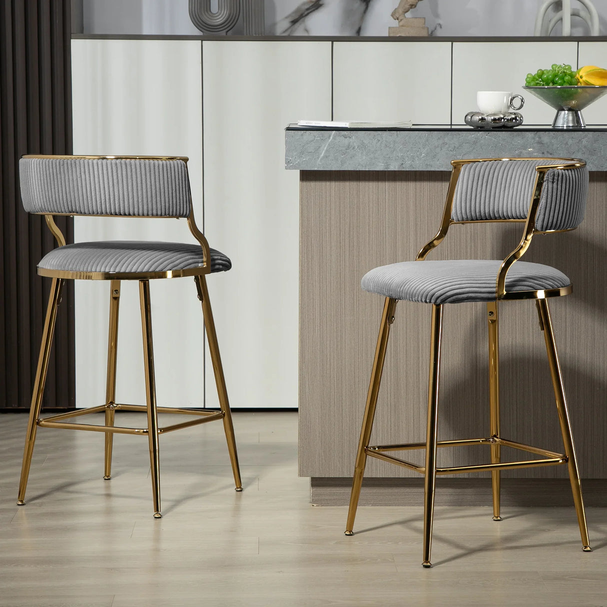 Bar Stools Counter Height With Gold Frames And Corduroy Gray - Furniture Home Direct