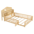 Full Size Montessori Floor Bed With Bookcases And boards, Solid Wood Platform Bed With Guard Rails And Storage Headboards - Natural - Furniture Home Direct