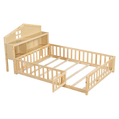 Full Size Montessori Floor Bed With Bookcases And boards, Solid Wood Platform Bed With Guard Rails And Storage Headboards - Natural - Furniture Home Direct