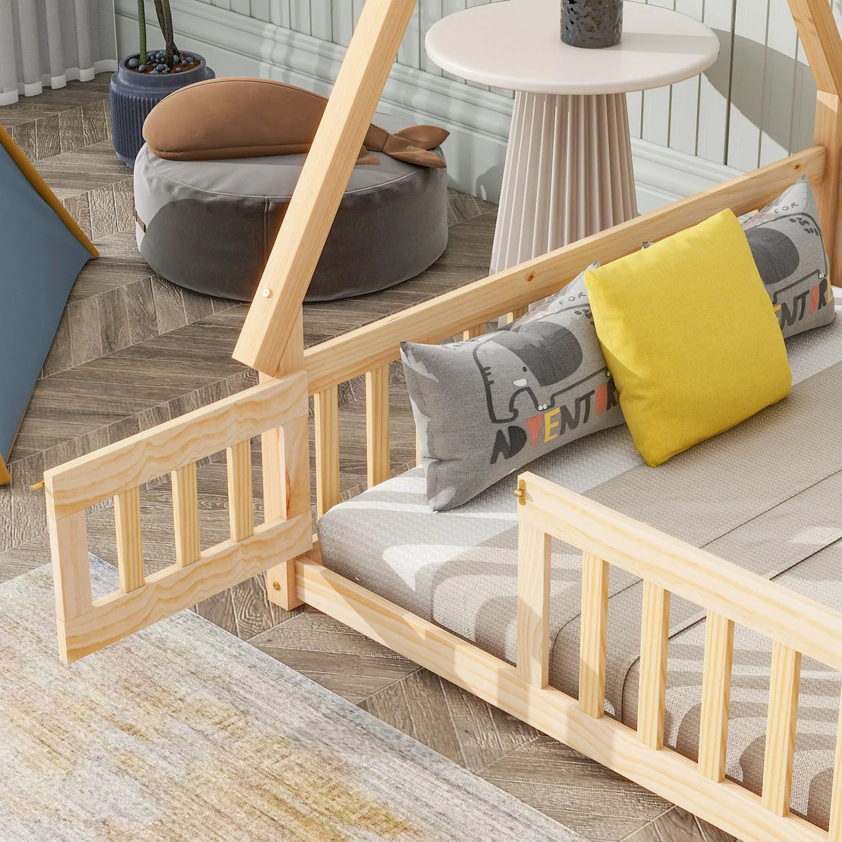 Tent-Shaped Floor Bed, With Guardrails, Slats, Door - Furniture Home Direct