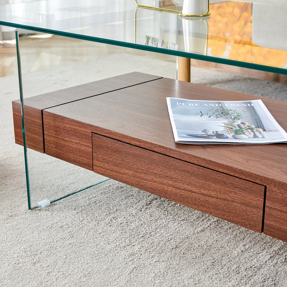 Coffee Table Two Tier Glass Top With Drawer Dark Walnut - Furniture Home Direct