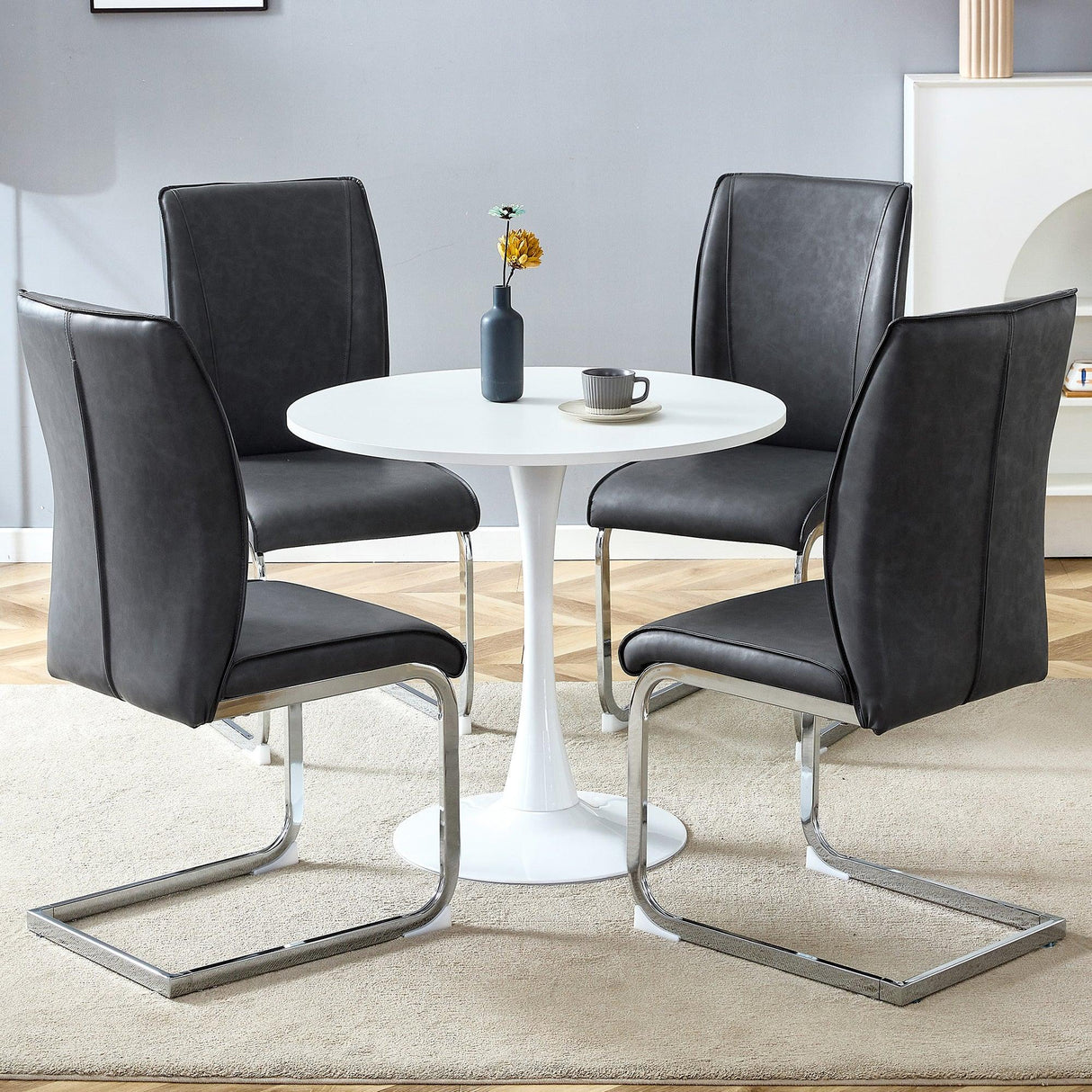 Dining Set Round Table With Black Upholstered Chairs White - Furniture Home Direct