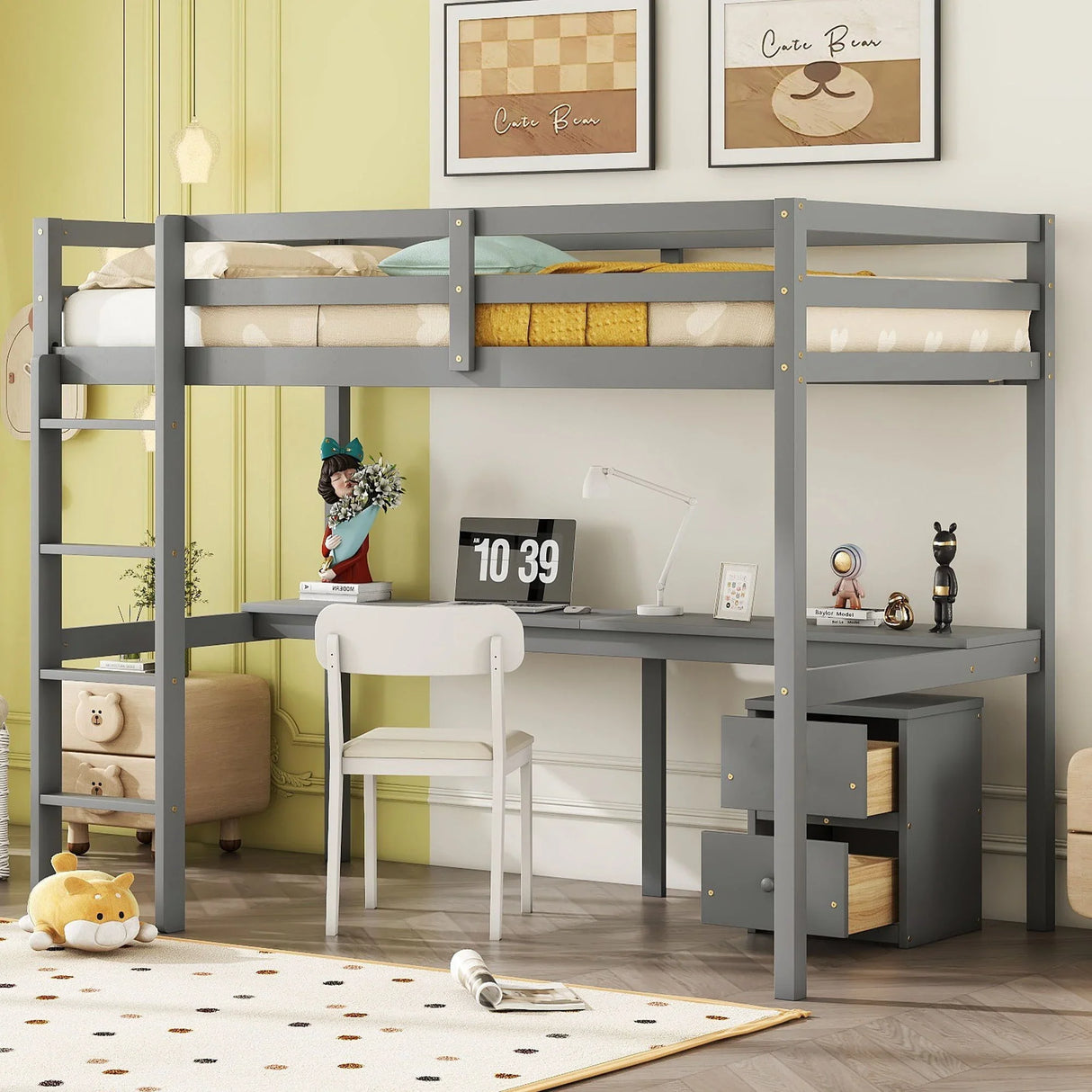 Loft Wood Bed With Under-Bed, Built-In Desk, A Storage Cabinet Of 2 Drawers, Guardrails, Ladder - Furniture Home Direct