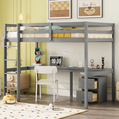 Loft Wood Bed With Under-Bed, Built-In Desk, A Storage Cabinet Of 2 Drawers, Guardrails, Ladder - Furniture Home Direct