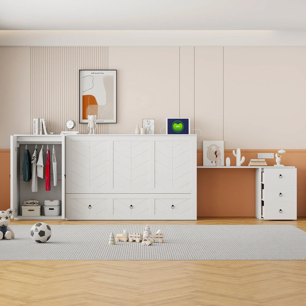 Murphy Bed With USB Port, Large Drawer, And Wardrobe / Desk Combo Versatile Cabinet Bed - Furniture Home Direct