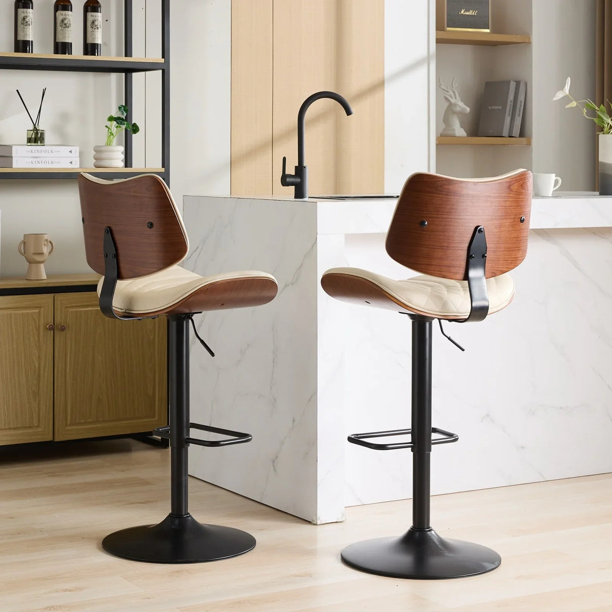 Counter Height Stool Adjustable PU Leather Swivel Beige - Furniture Home Direct