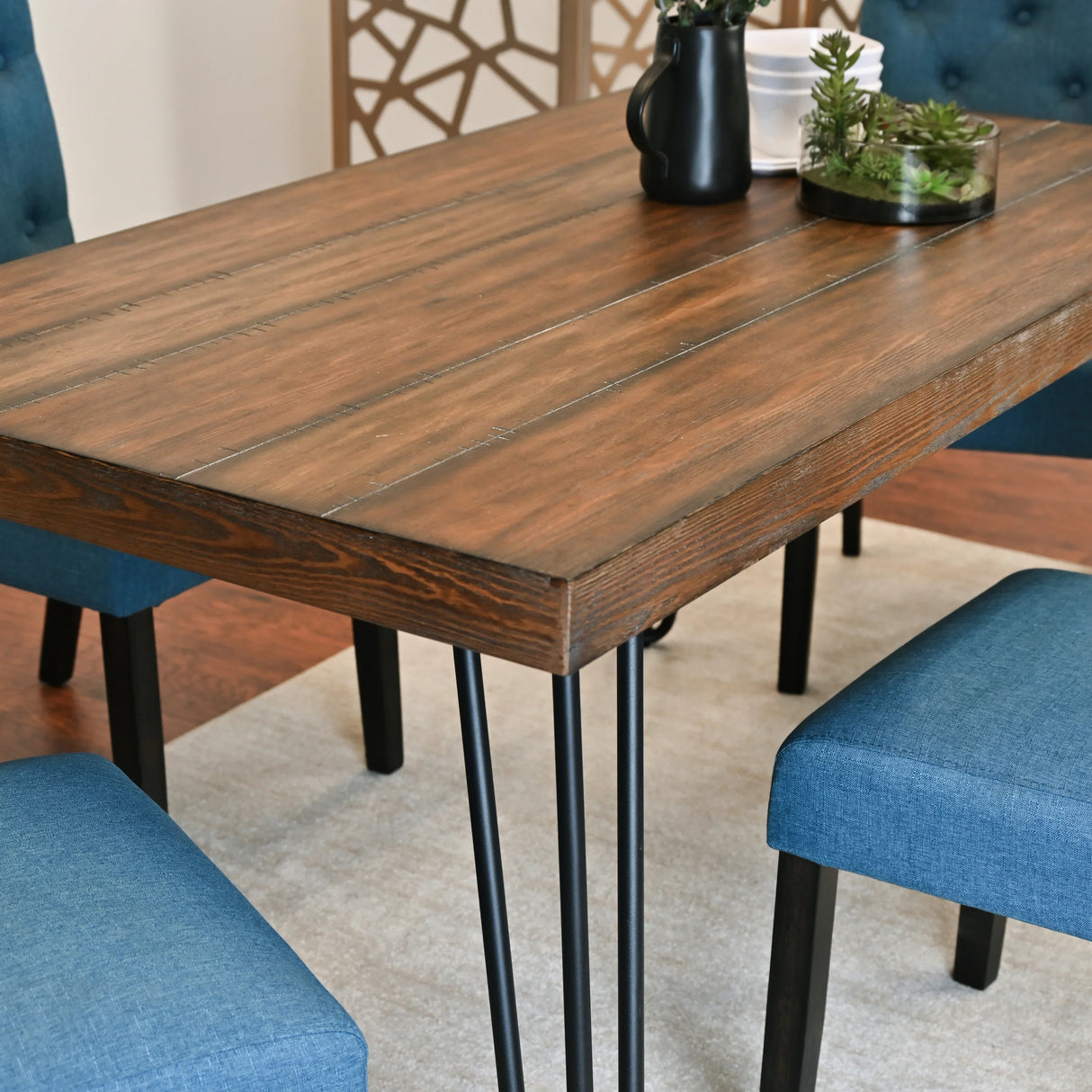 Dining Set Wood Table With Tufted Chairs Seating Six Blue - Furniture Home Direct