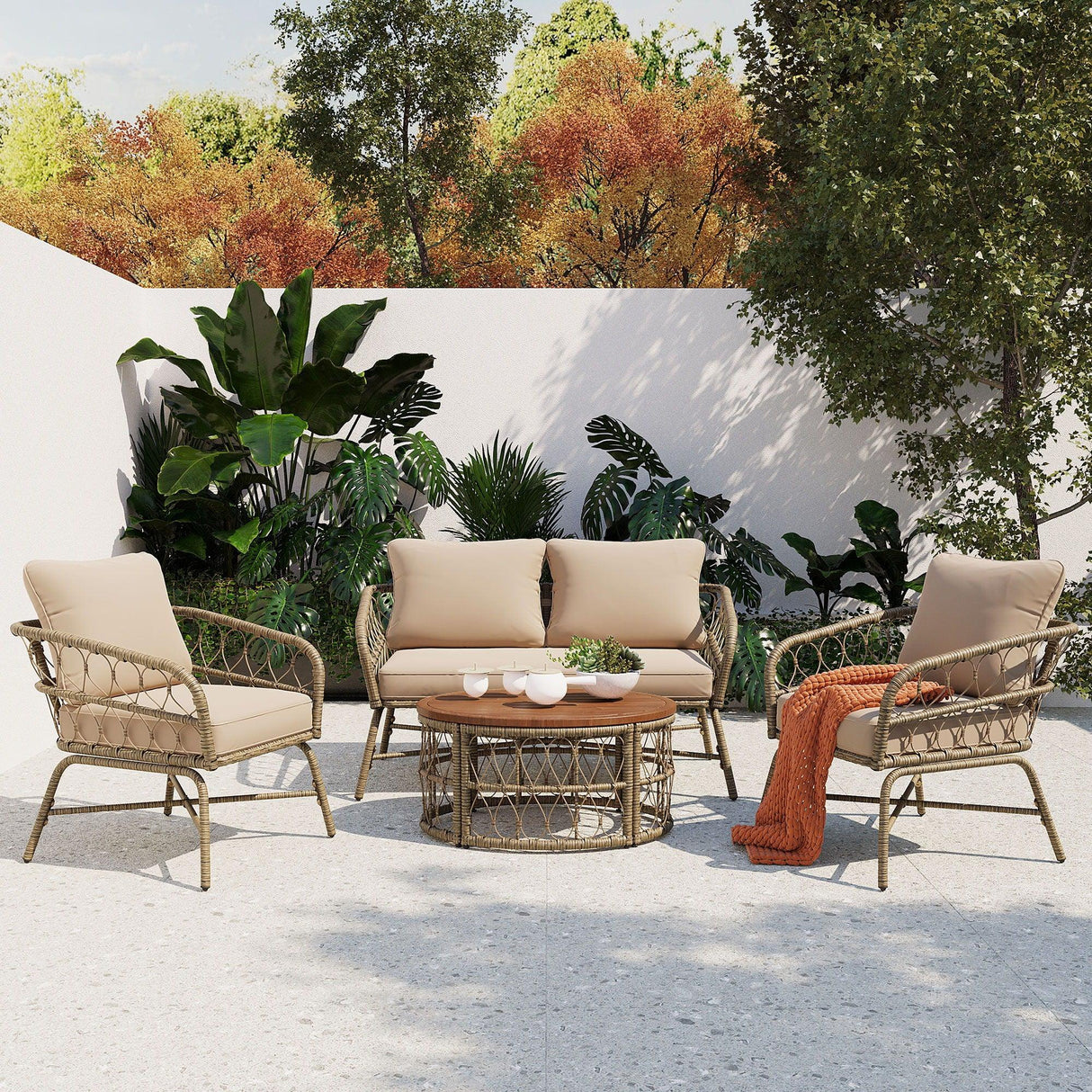 Bohemia-Inspired 4 Person Outdoor Seating Group With Removable Cushions, Conversation Patio Set With Wood Tabletop - Beige - Furniture Home Direct