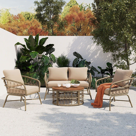Bohemia-Inspired 4 Person Outdoor Seating Group With Removable Cushions, Conversation Patio Set With Wood Tabletop - Beige - Furniture Home Direct