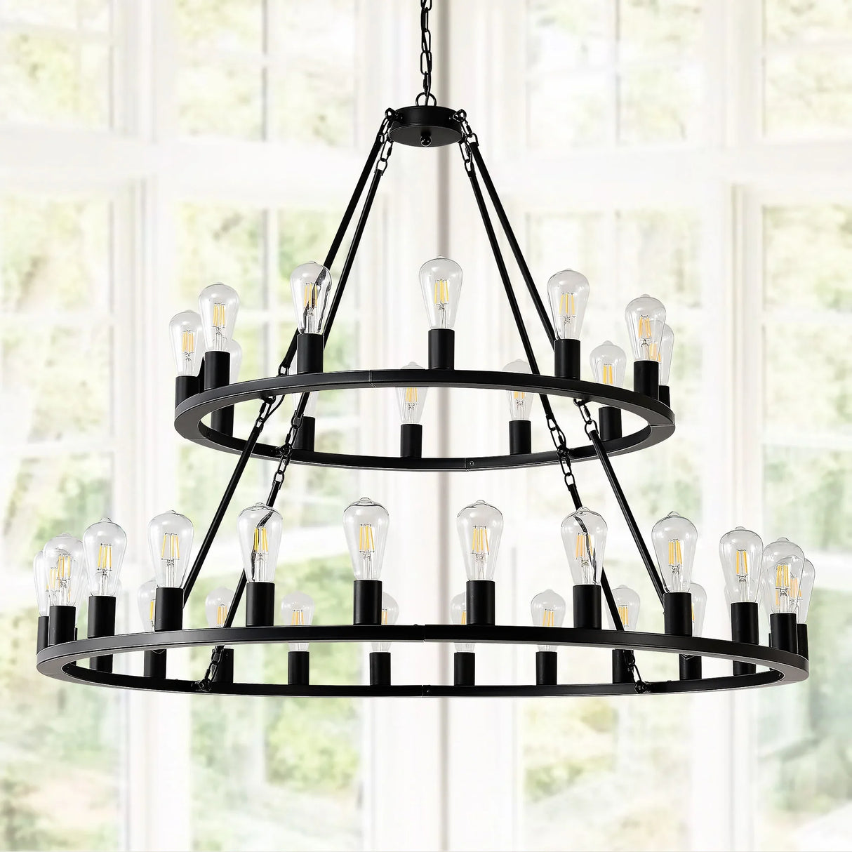 Extra Large Wagon Wheel Chandelier, 2 Tier 36 Lights (No Include) Farmhouse Industrial Round High Ceiling Pendant Light Adjustable Chain, For Dining Room, Living Room, Kitchen - Black - Furniture Home Direct