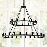 Extra Large Wagon Wheel Chandelier, 2 Tier 36 Lights (No Include) Farmhouse Industrial Round High Ceiling Pendant Light Adjustable Chain, For Dining Room, Living Room, Kitchen - Black - Furniture Home Direct