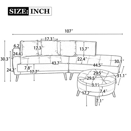 107 Inch Contemporary Sofa With Round Storage Ottoman Grey - Furniture Home Direct