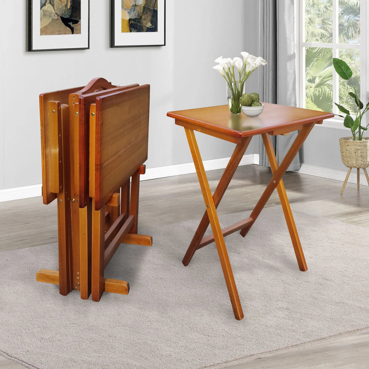 Folding Trays With Storage Rack Snack Table (Set of 4) - Honey - Furniture Home Direct