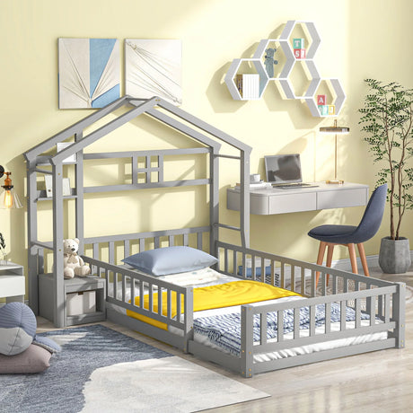 House-Style Headboard Floor Bed With Fence Guardrails Without Cushion - Furniture Home Direct