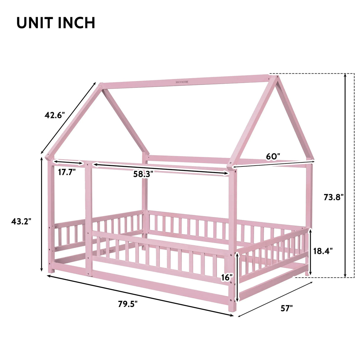 Floor Wooden Bed With House Roof Frame, Fence Guardrails - Furniture Home Direct