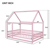 Floor Wooden Bed With House Roof Frame, Fence Guardrails - Furniture Home Direct