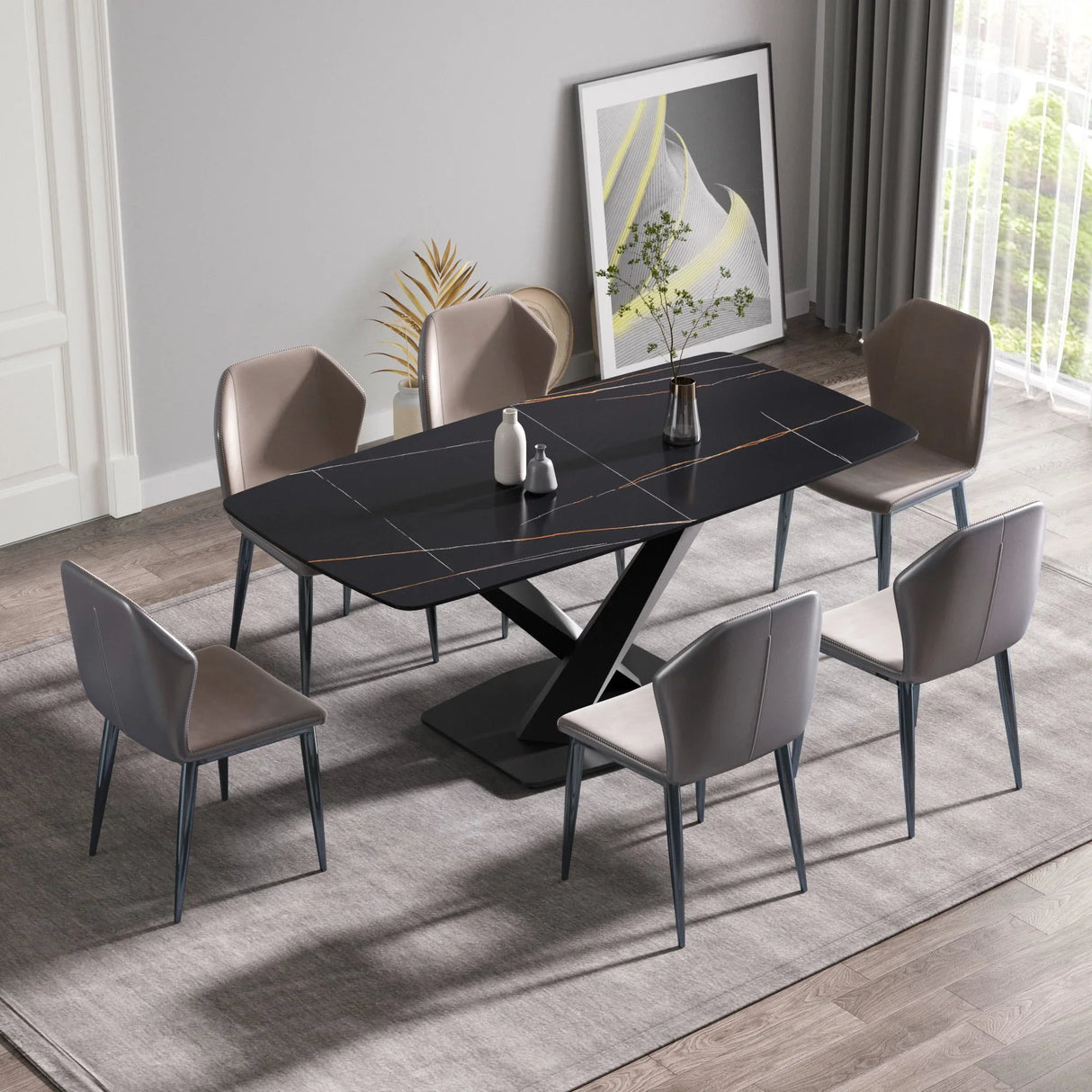 70.87" Modern Artificial Stone Black Curved Black Metal Leg Dining Table, Can Accommodate 6-8 People - Black - Furniture Home Direct