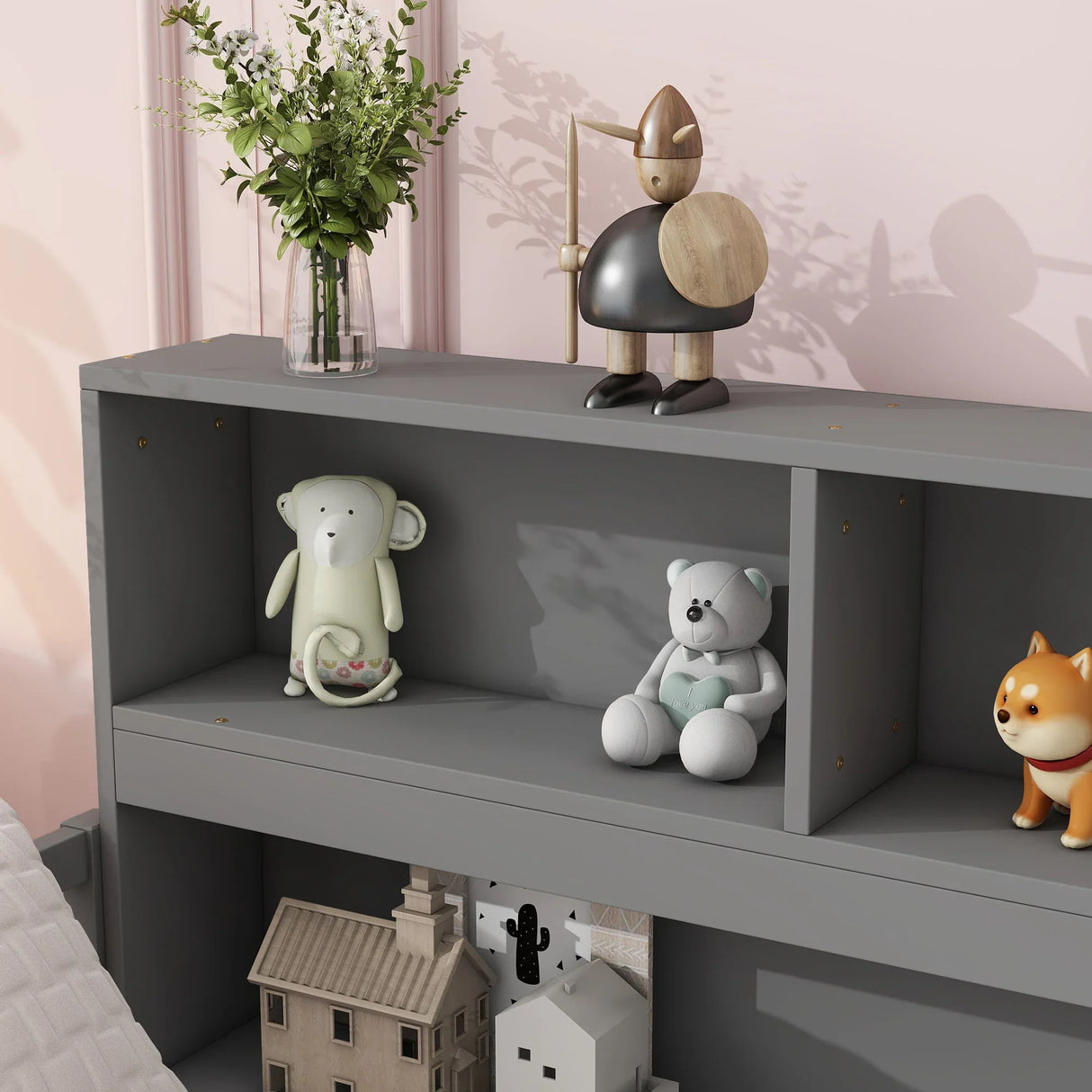 Floor Bed With Side Bookcase, Shelves, Guardrails - Furniture Home Direct