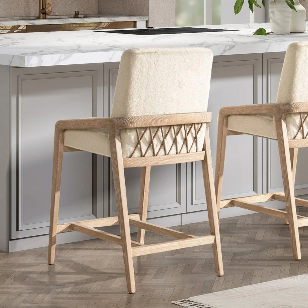 Arizona - Solid Ash Upholstered Counter Stool With Rope Detail - Creme De La Creme White - Furniture Home Direct