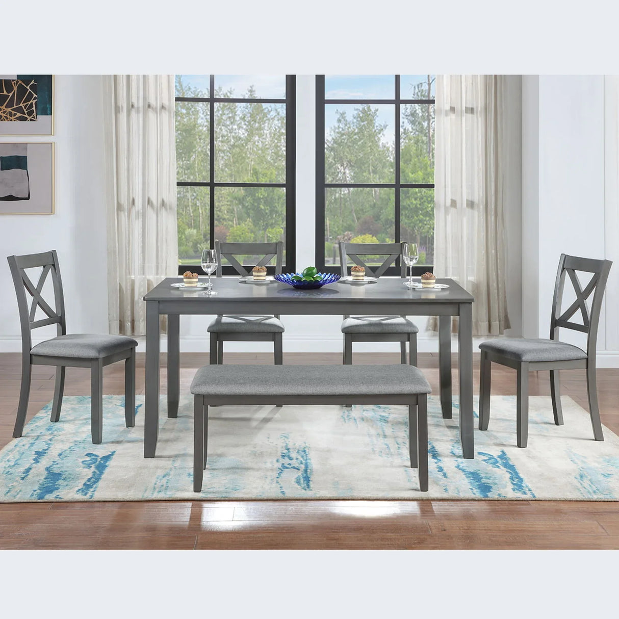 6 Pieces Kitchen Dining Set, Rectangular Wooden Dining Table With 4 Chairs And A Bench - Furniture Home Direct
