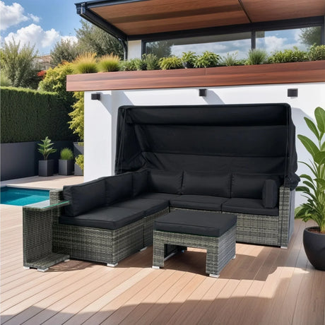 7 Piece Patio Furniture Set With Retractable Canopy Wicker Rattan Sectional Sofa Set Patio Furniture With Washable Cushions For Lawn, Garden, Backyard, Poolside Wicker And Cushion - Gray / Black - Furniture Home Direct