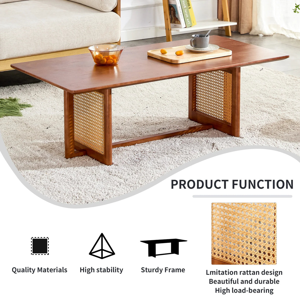 Coffee Table Solid Wood With Rattan Panel Sides Walnut - Furniture Home Direct