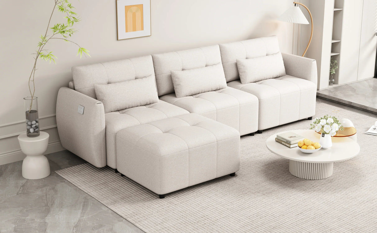 113.3 Modular Sectional With Ottoman And USB C Ports Beige - Furniture Home Direct