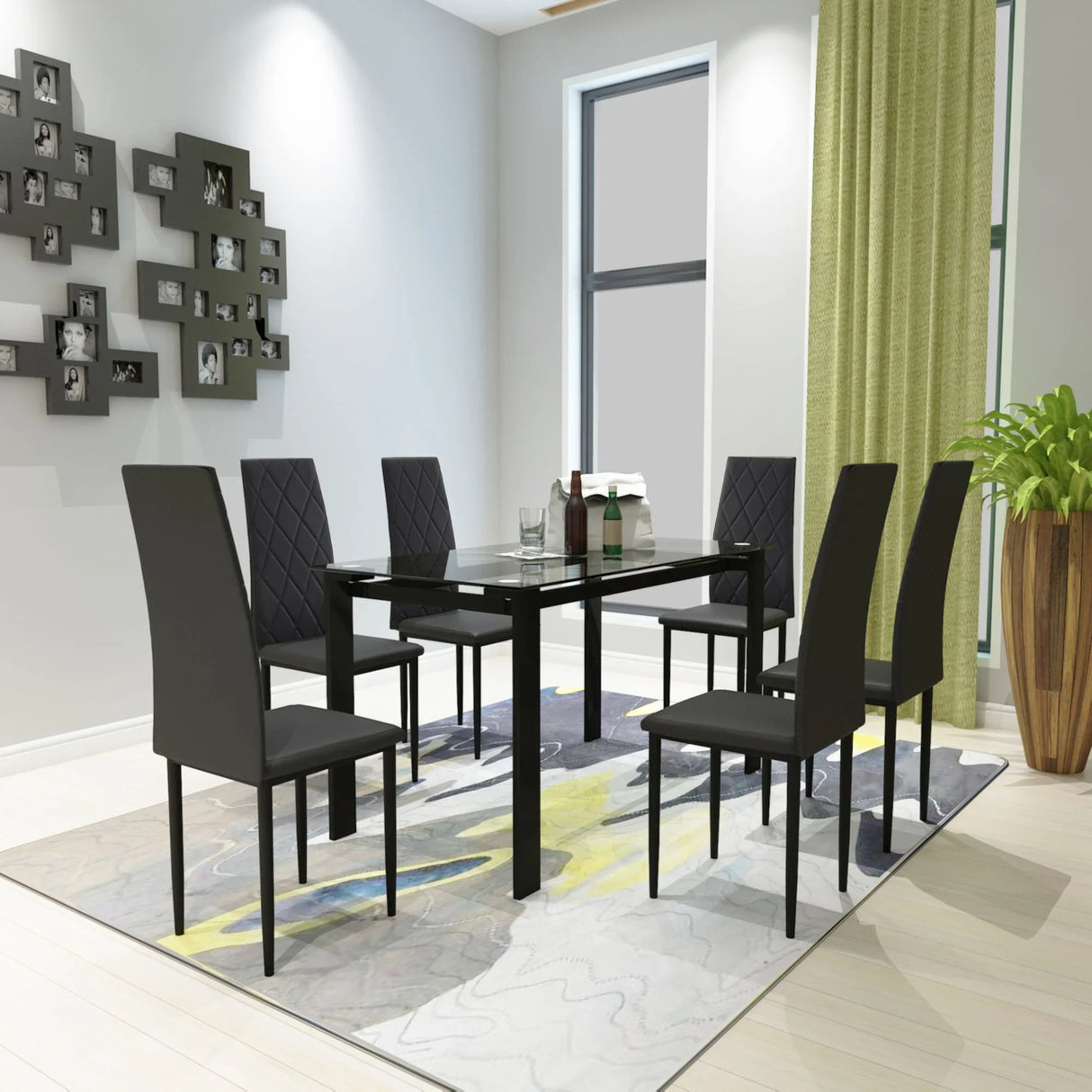 Modern 7 Piece Dining Table Set With Glass Top And Chairs - Black - Furniture Home Direct