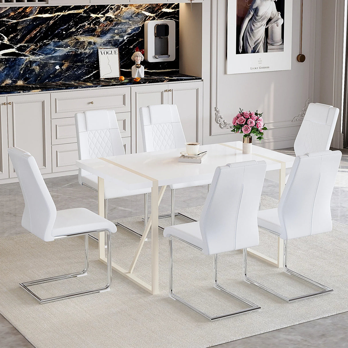 Dining Set with 7 Piece Table and Chairs Modern White - Furniture Home Direct