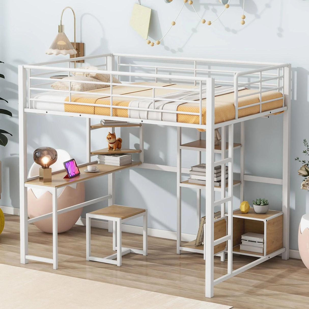 Full Size Loft Bed With Desk And Stool, With Open Style Wardrobe, Shelves And Cabinet - White - Furniture Home Direct