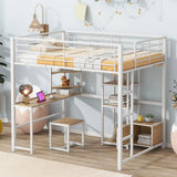 Full Size Loft Bed With Desk And Stool, With Open Style Wardrobe, Shelves And Cabinet - White - Furniture Home Direct