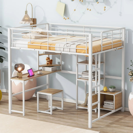 Full Size Loft Bed With Desk And Stool, With Open Style Wardrobe, Shelves And Cabinet - White - Furniture Home Direct
