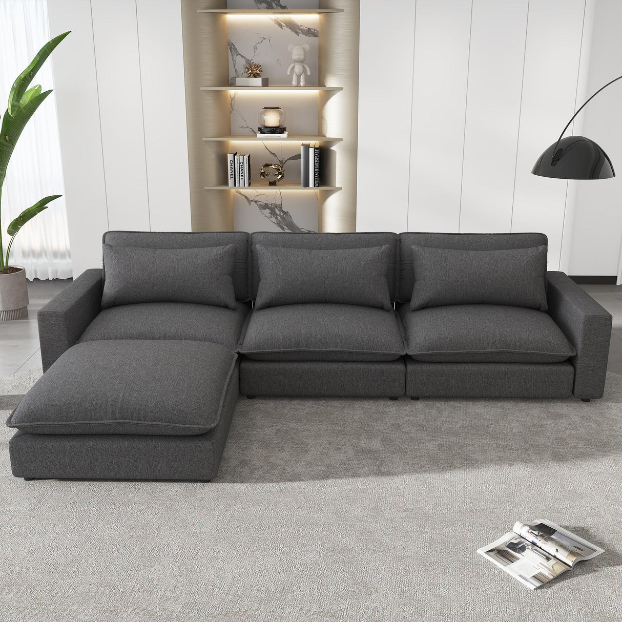 Chenille Cloud Sectional with Ottoman, Charging Ports and Three Back Pillows - Grey - Furniture Home Direct