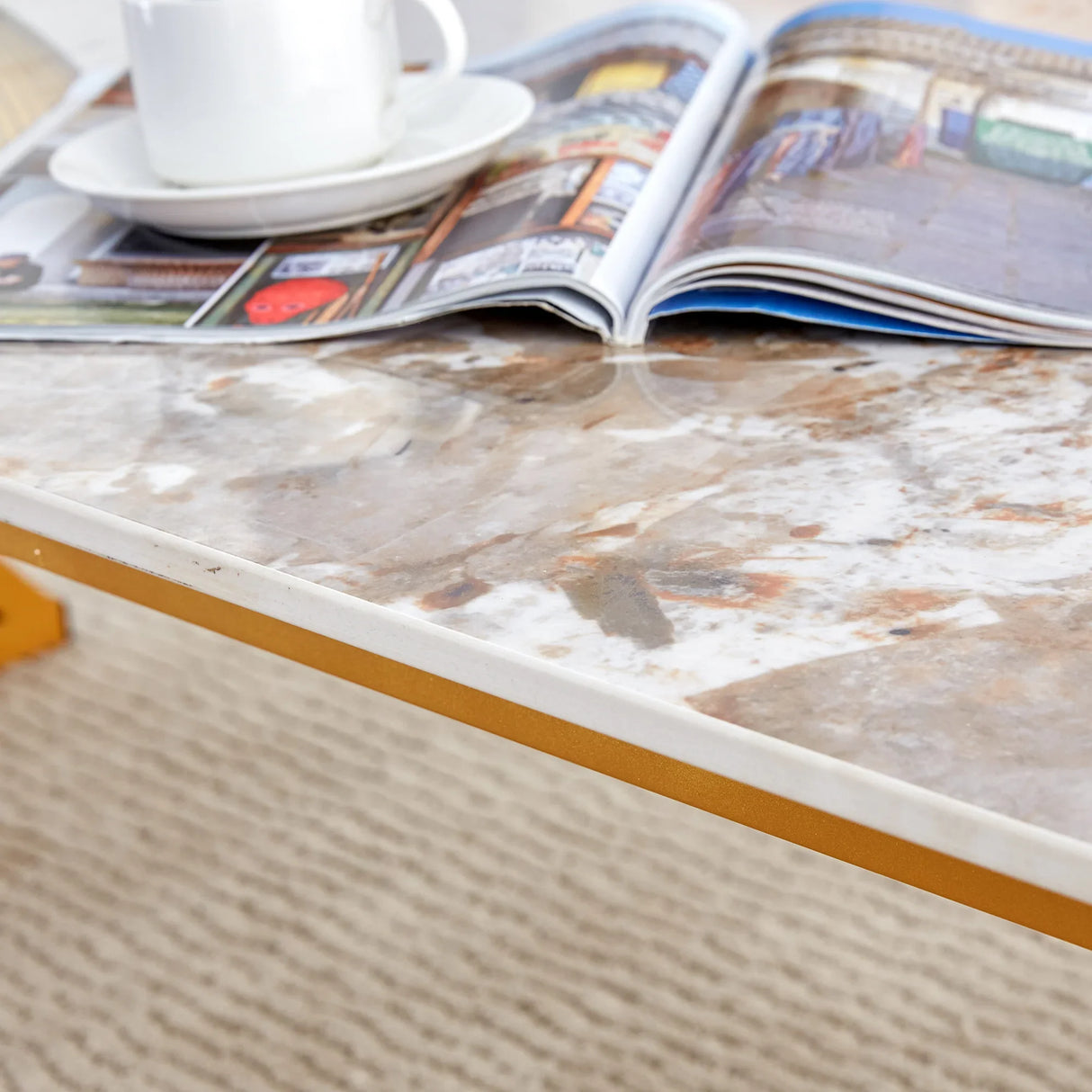 Coffee Table Marble Pattern Rectangular Gold Frame White - Furniture Home Direct