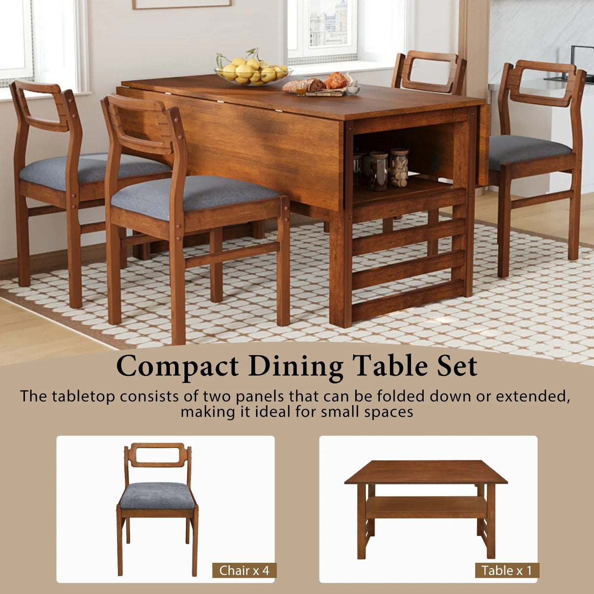 5 Piece Extendable Wood Square Dining Table Set With 2 Drop Leaves - Furniture Home Direct