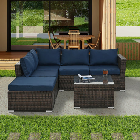 4 Piece Outdoor Sectional Set With Tempered Glass Coffee Table - Blue - Furniture Home Direct