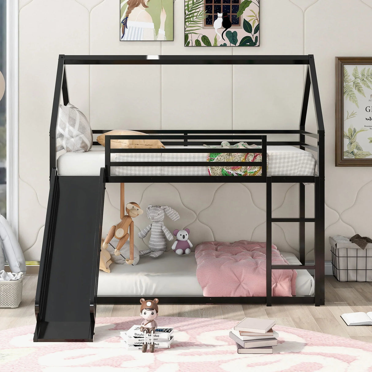 Twin Over Twin House Bunk Bed With Ladder And Slide - Furniture Home Direct