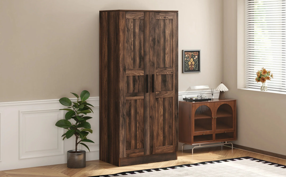 2-Door Wardrobe Armoire with LED and 4 Storage Shelves, Brown - Furniture Home Direct