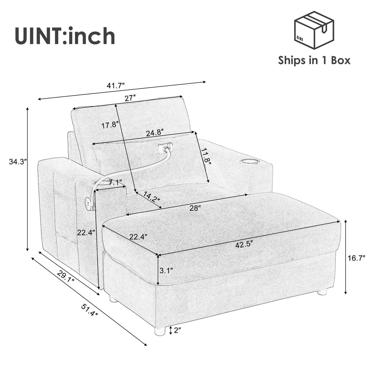 Modern Style Armchair Chaise Lounge Sofa Couch With Movable Storage Ottoman, USB Ports, Cup Holders, Phone Holder, Side Pockets - Furniture Home Direct