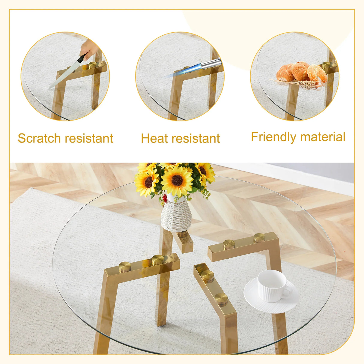 Dining Table Round Glass Top With Metal Base Finish Gold - Furniture Home Direct