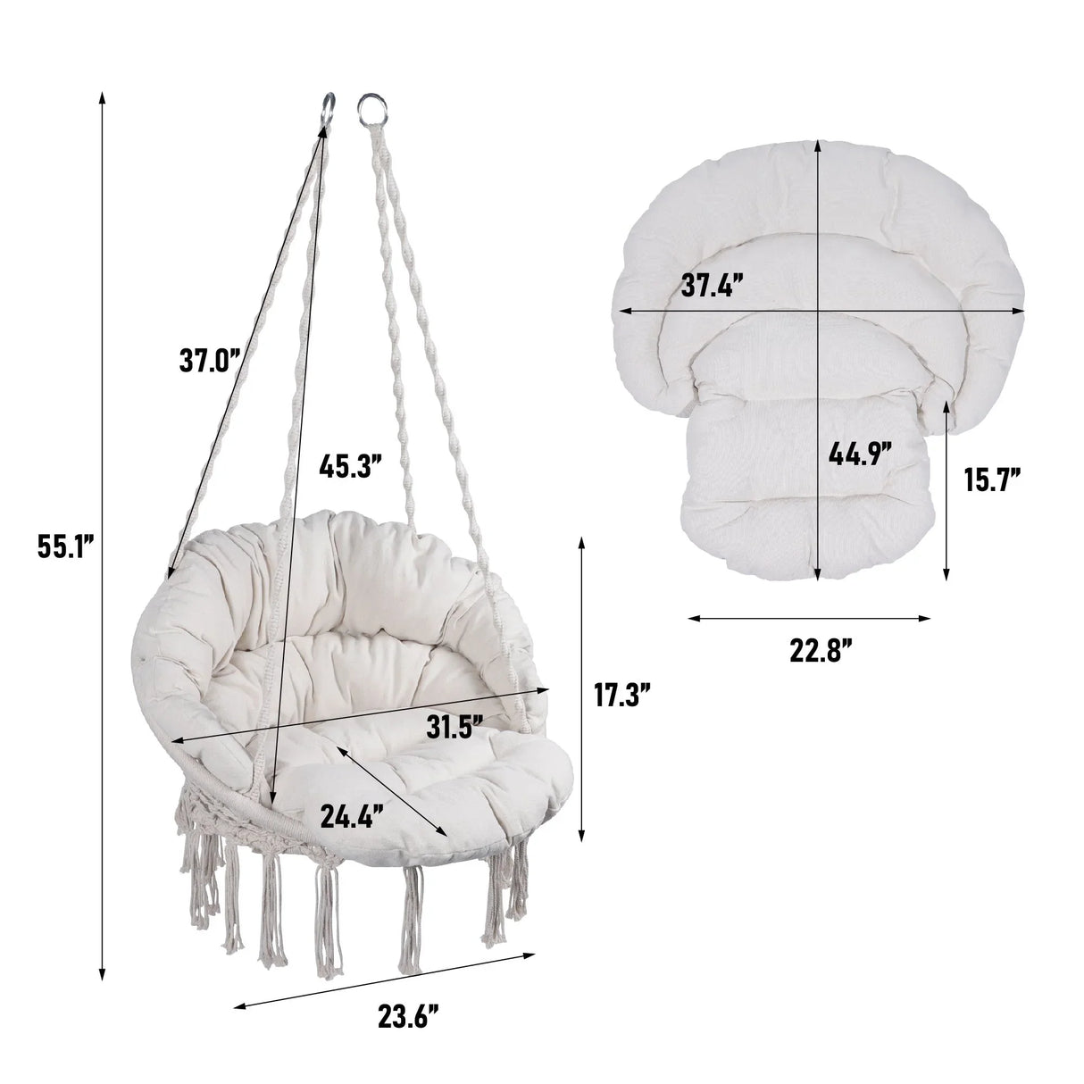 Macrame Hanging Hammock Chair With Cushion, Cotton Rope Swing For Indoor And Outdoor Use, 330 Lbs Capacity - Beige - Furniture Home Direct