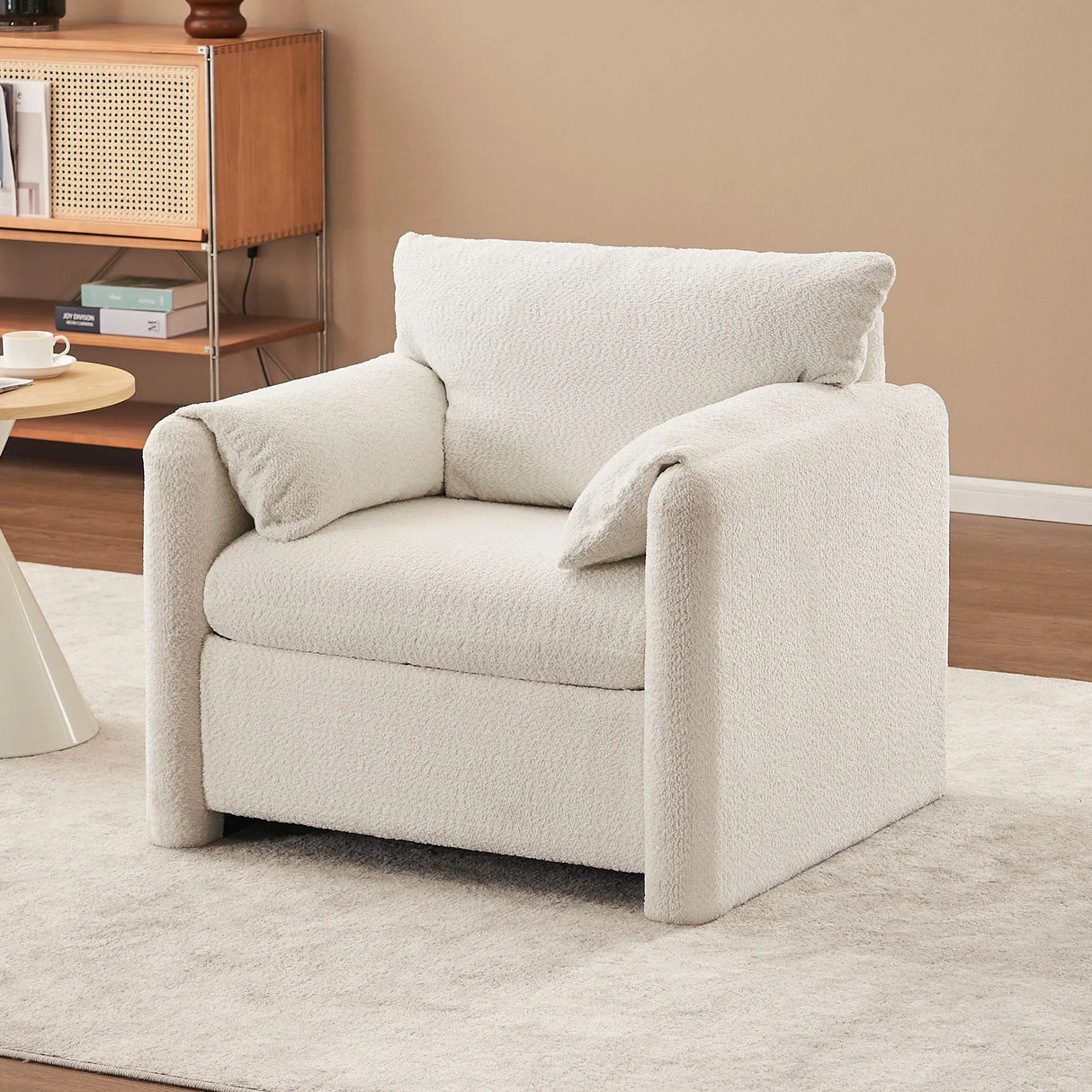 Fixed Modern Accent Chair Single Seater Plush Chenille Lounge Chair With High Resilience Cushion - Ivory White - Furniture Home Direct