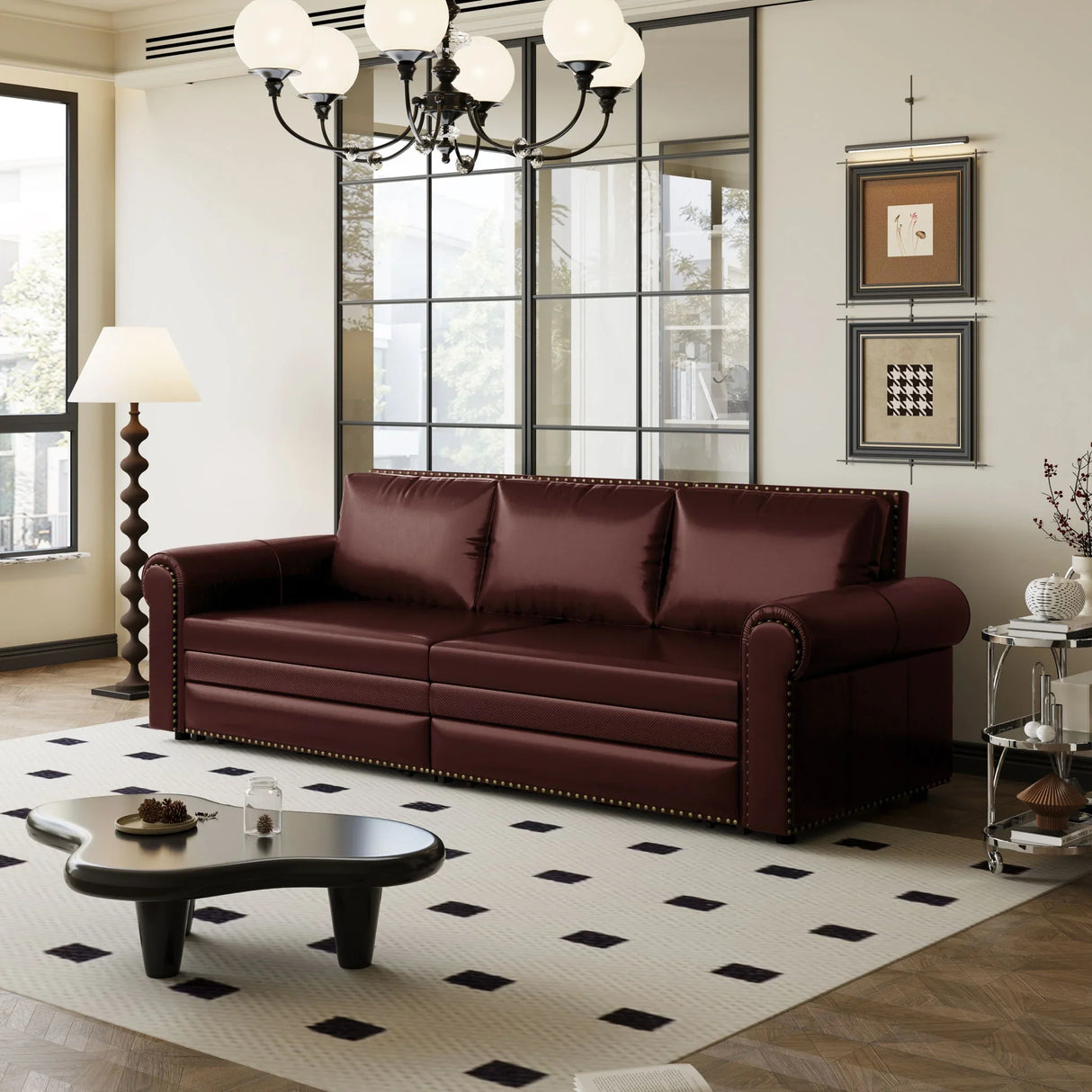 3 In 1 Convertible Sleeper Sofa With Nailhead Trim & Rolled Arm - Furniture Home Direct