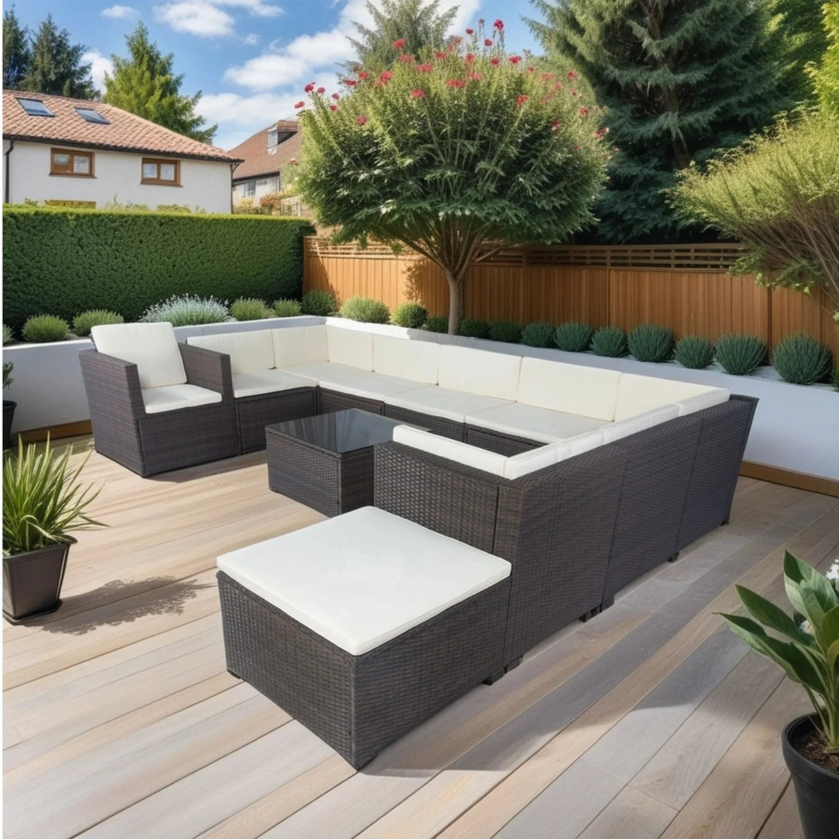 11 Piece Patio Wicker Conversation Set, 10 Seater Patio Sectional Set With 3 Storage Box Under Seat - Brown / White - Furniture Home Direct