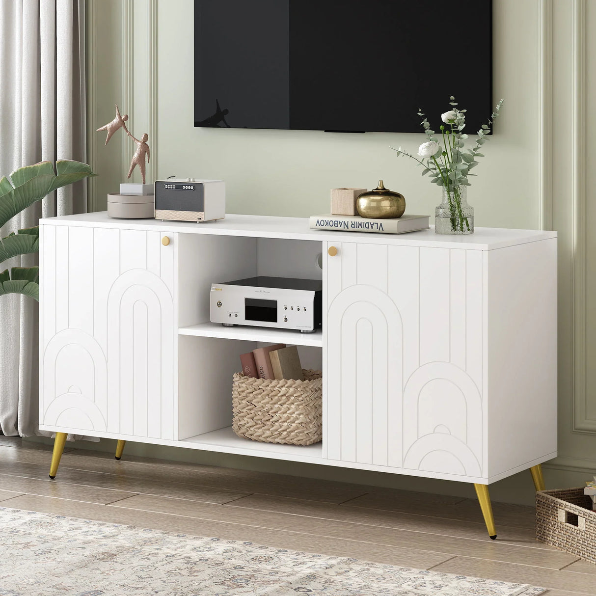 Modern TV Stand With Adjustable Shelf, Handles And Anti-Tip Device - Furniture Home Direct