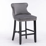 Contemporary Velvet Upholstered Wing-Back Barstools With Button Tufted Decoration And Wooden Legs, And Chrome Nailhead Trim, Leisure Style Bar Chairs, Bar Stools (Set of 2) - Furniture Home Direct