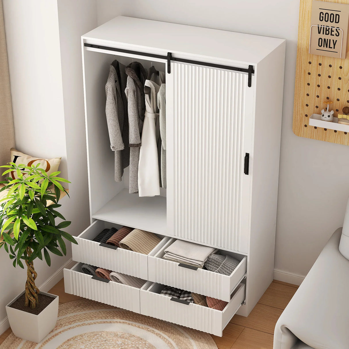 Tall Armoire With Sliding Barn Door Drawers Storage White - Furniture Home Direct