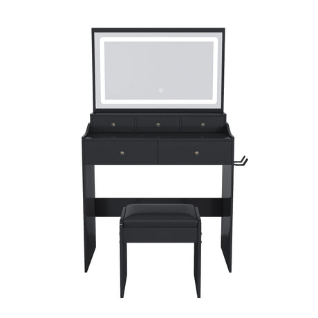 Modern Makeup Vanity Set With Power Outlet, Hair Dryer Holder, And Adjustable Lighting - Furniture Home Direct
