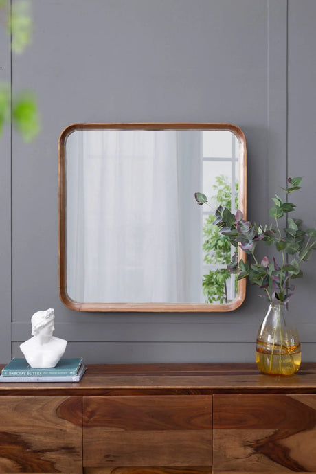 Square Mirror With Wood Frame, Wall Mirror For Living Room Bathroom Entryway - Brown - Furniture Home Direct